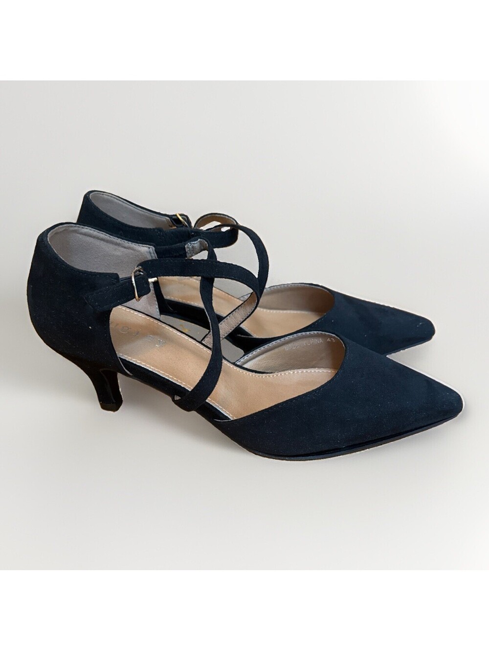 NEW Eugisy Black Faux Suede Mary Jane Criss Cross Strap Pointed Toe Heels 12